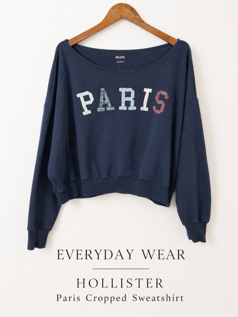 Hollister Paris Cropped Sweatshirt Navy Graphic Crew Neck L Collegiate